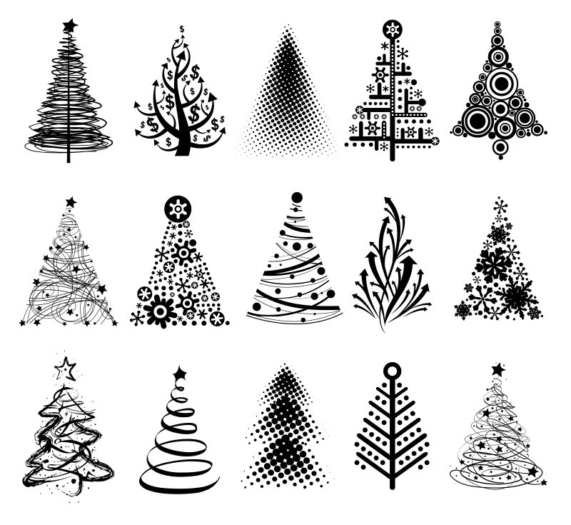 抽象不同风格的矢量圣诞树插图