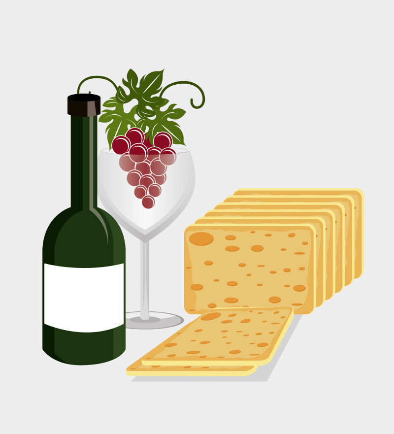 灰白色背景上的矢量葡萄和葡萄酒奶酪等设计