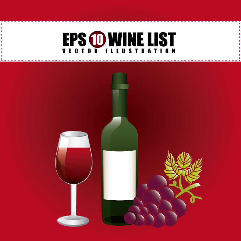 红色背景上的矢量葡萄与葡萄酒瓶和高脚杯