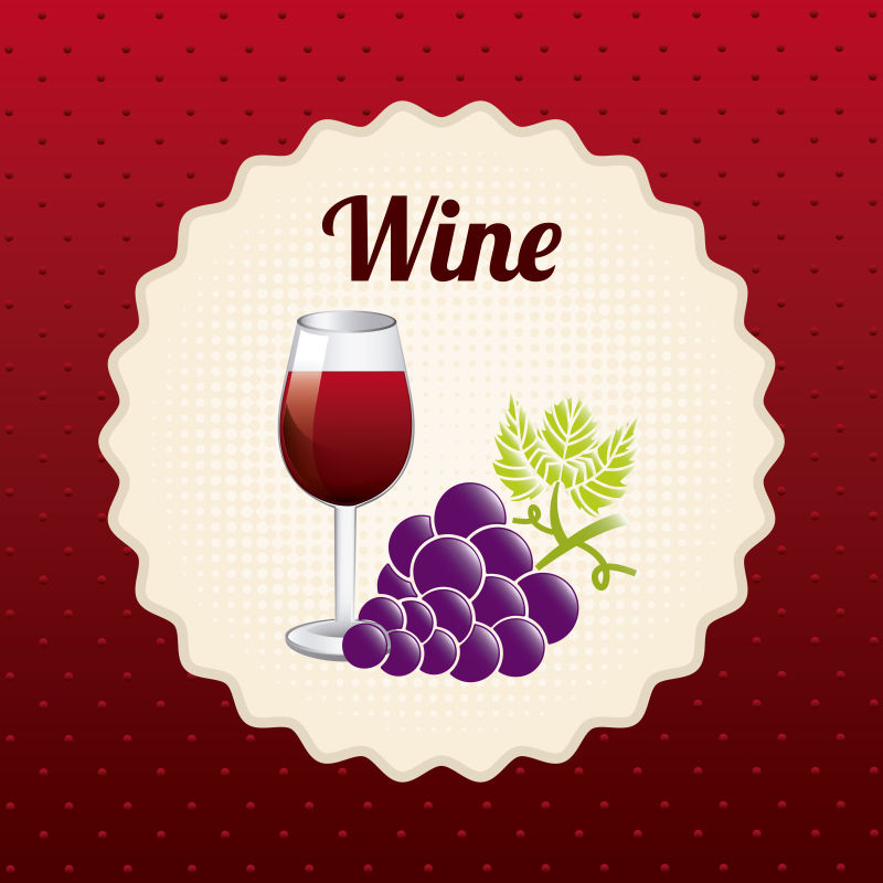 红色背景上的矢量葡萄酒瓶和葡萄设计