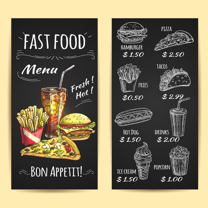 创意黑板风格的矢量快餐餐单海报设计
