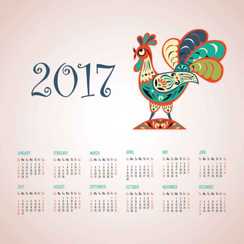 公鸡图案的2017日历矢量设计
