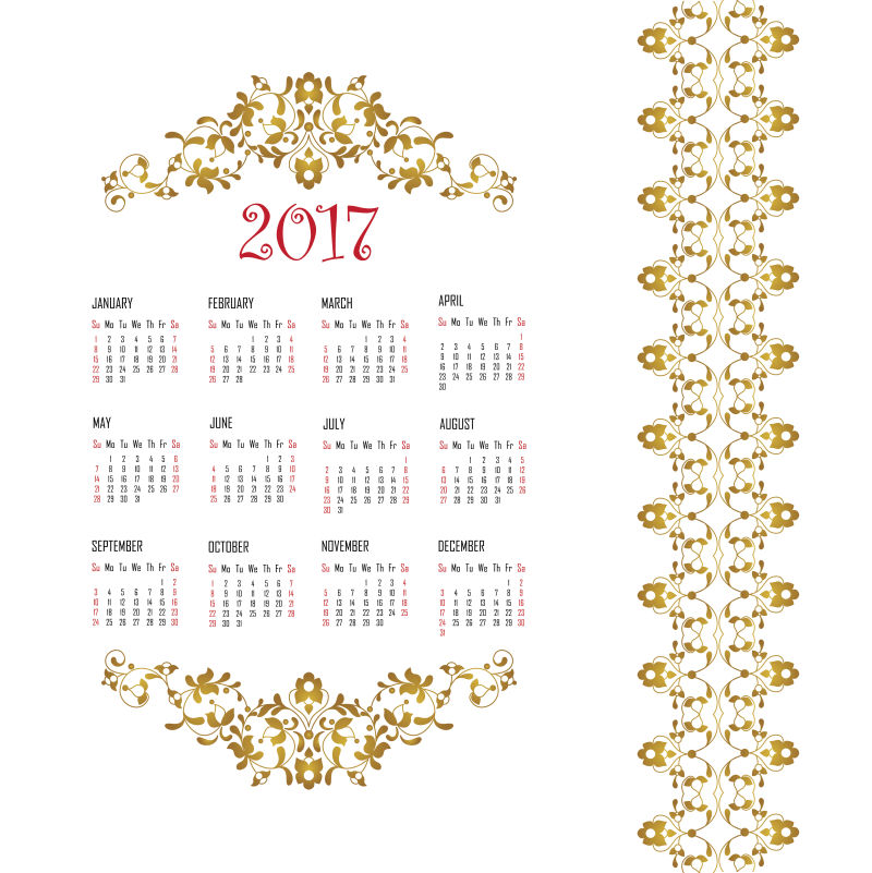 金色古典花纹的日历矢量设计