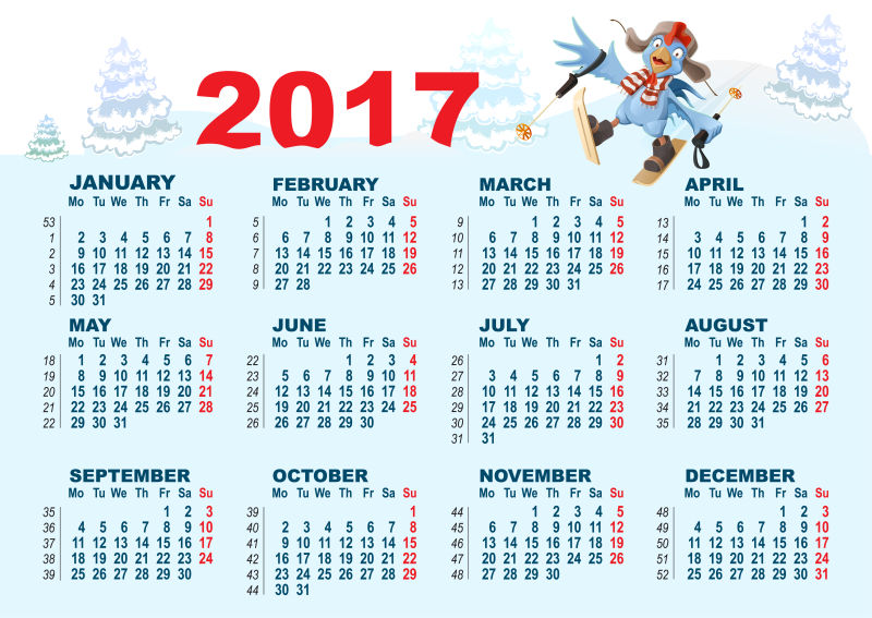 卡通鸡鸡滑雪矢量2017日历
