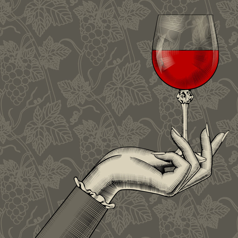 抽象矢量复古手绘红酒元素插图