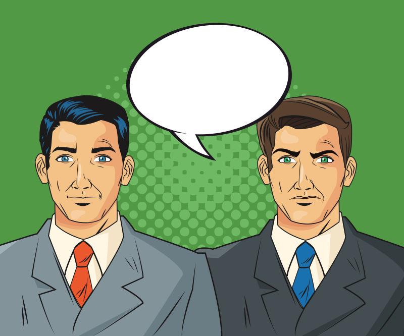 绿色背景下矢量带有白色对话框的两个男人卡通人物设计