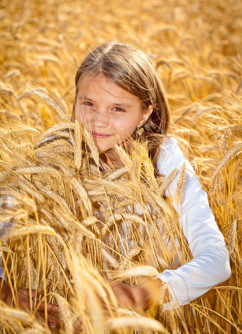 成熟的麦田里手捧麦穗的女孩