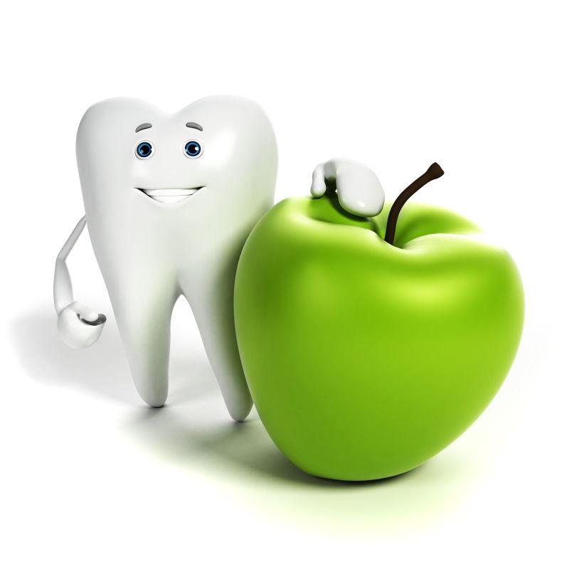 白色背景下的青苹果和白色的牙齿