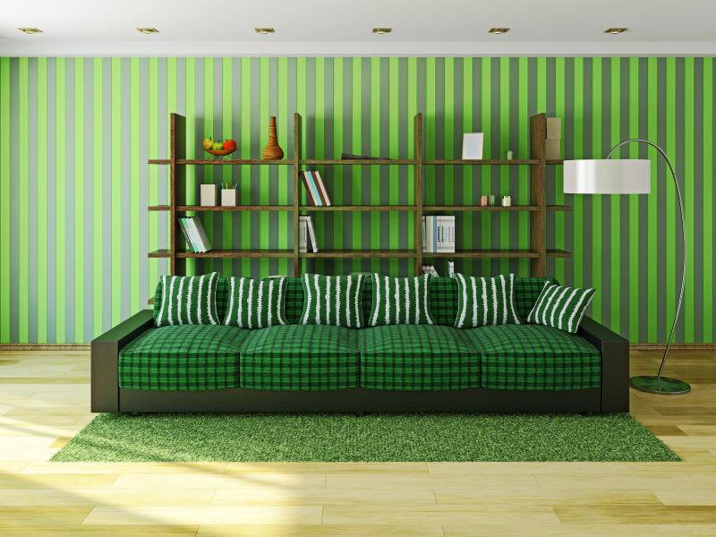 客厅里有绿色枕头的沙发