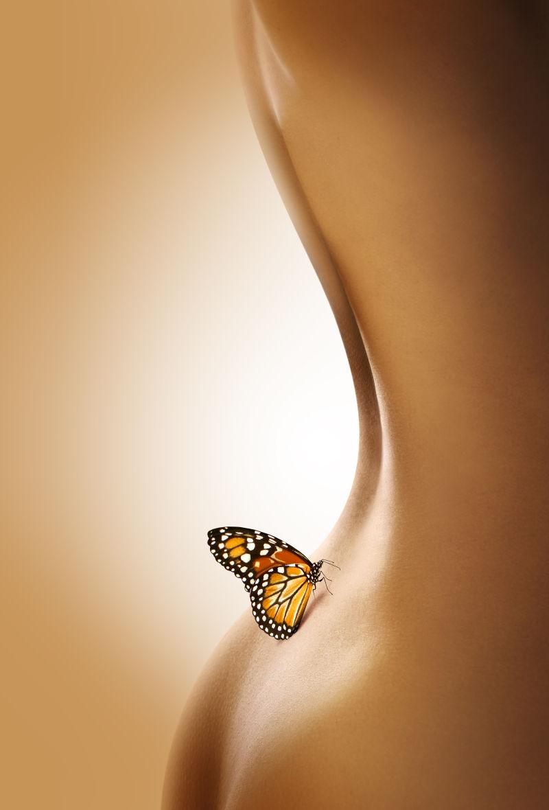 美丽的蝴蝶停留在女性身体上