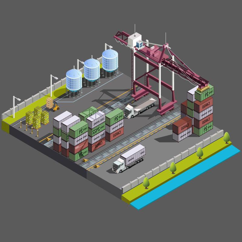 矢量港口仓库装载集装箱