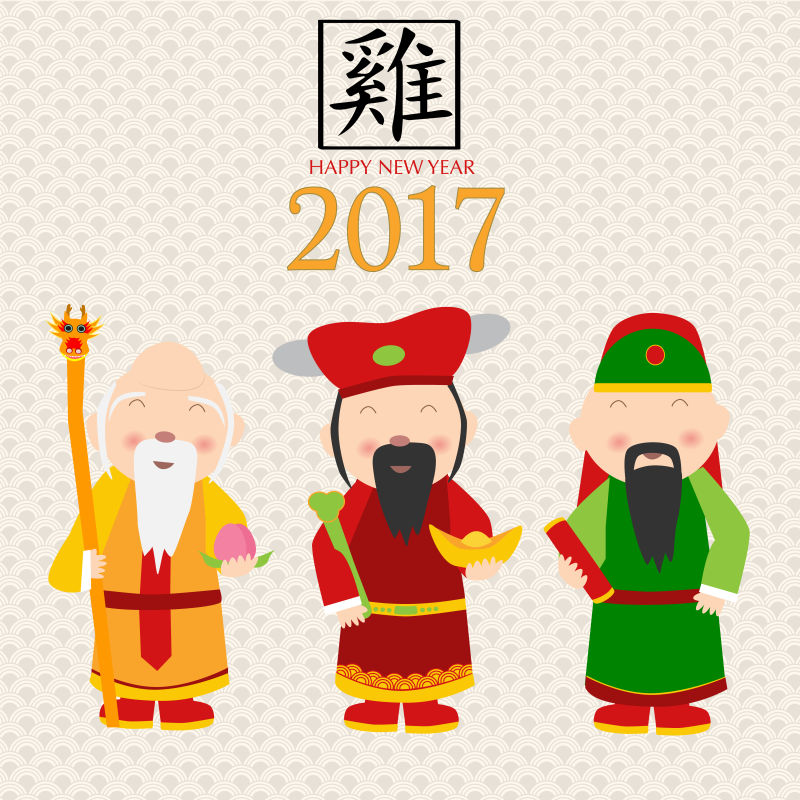 创意矢量福禄寿元素的新年快乐贺卡设计