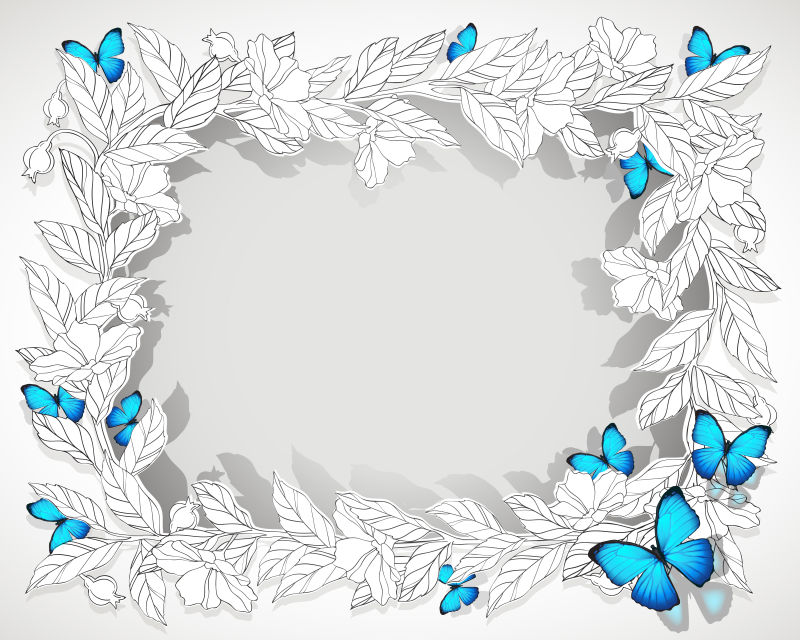 抽象矢量手绘花丛中的蝴蝶插图