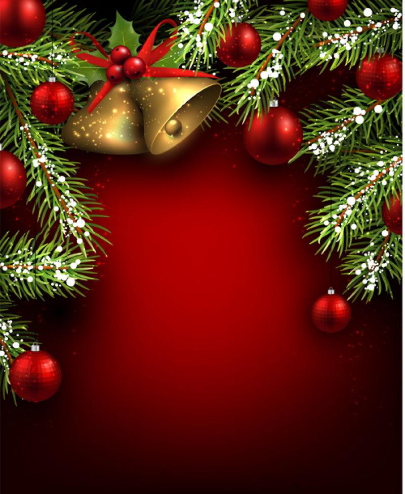 杉木树枝红色圣诞球和铃铛的圣诞节装饰矢量图