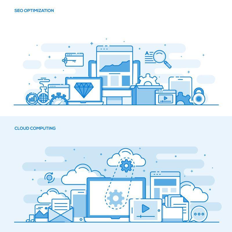 矢量集平线彩旗设计为SEO优化和云计算的概念插图