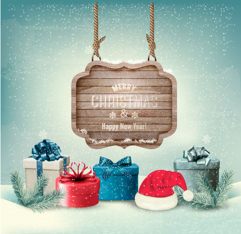 矢量雪地背景上的圣诞节礼物盒和圣诞帽子