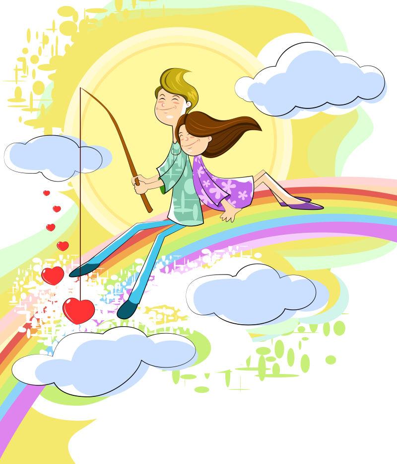 坐在彩虹上的幸福情侣卡通矢量设计图