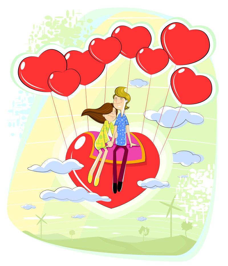情侣坐在心型气球上飞行的情人节矢量设计图