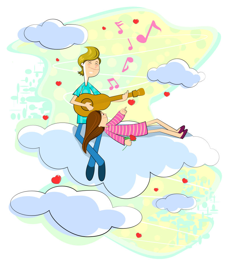 情侣坐在云景上用吉他演奏音乐矢量设计图