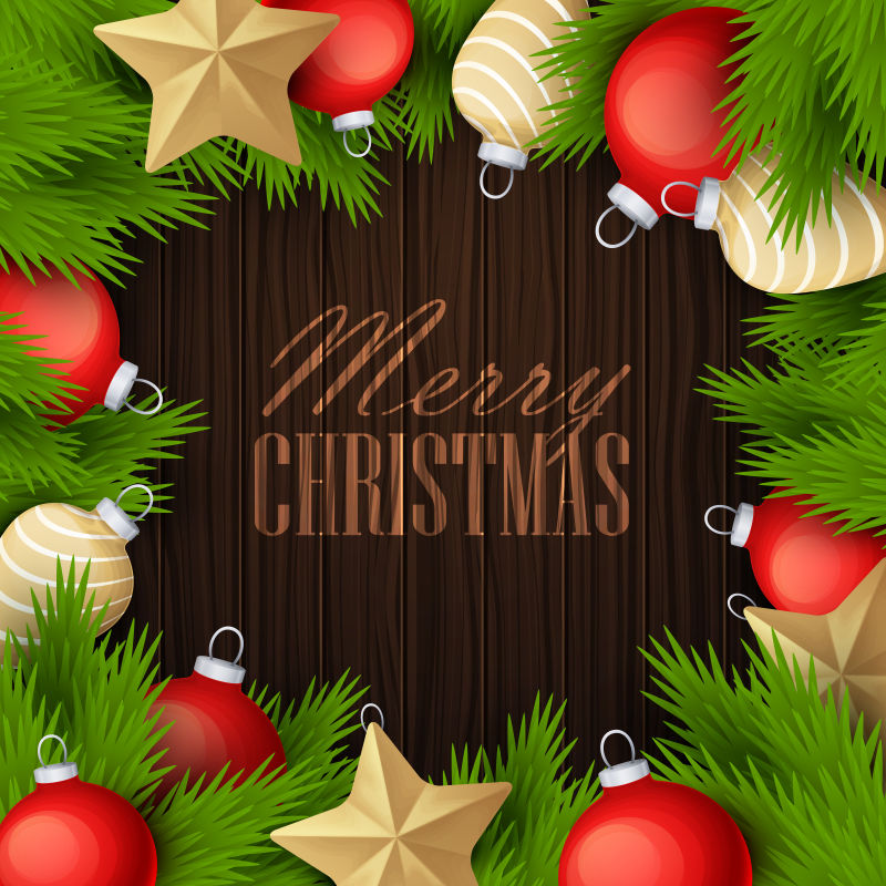 矢量金色和红色球装饰的圣诞树枝围绕的祝福