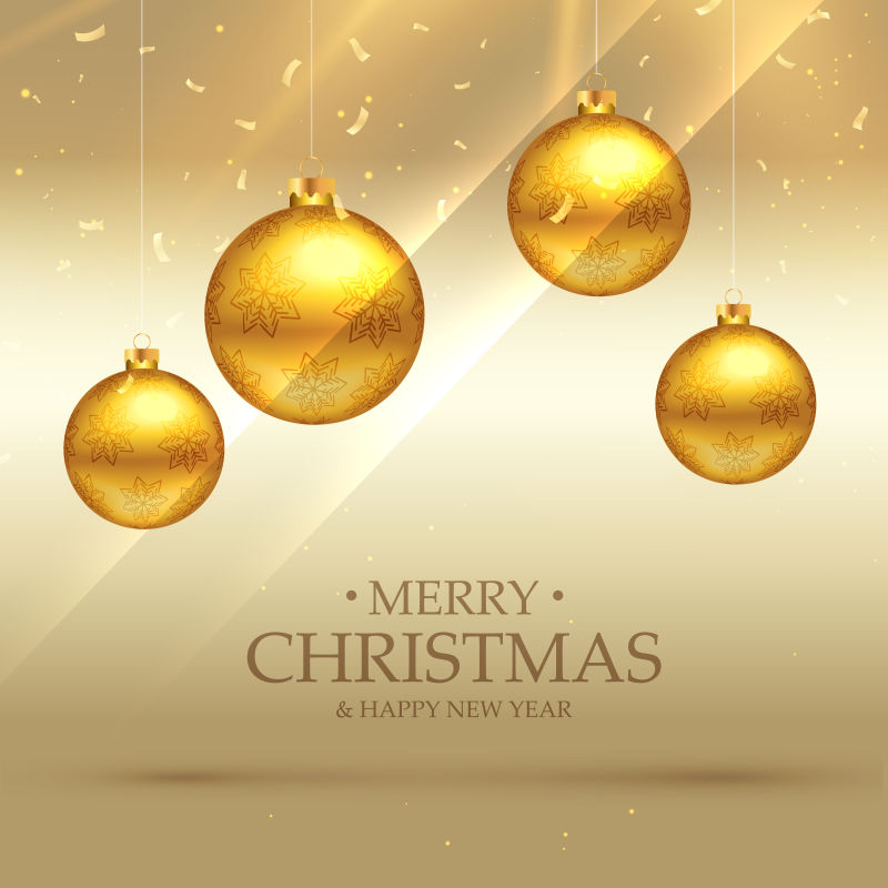 悬挂的金色圣诞球装饰卡片矢量图