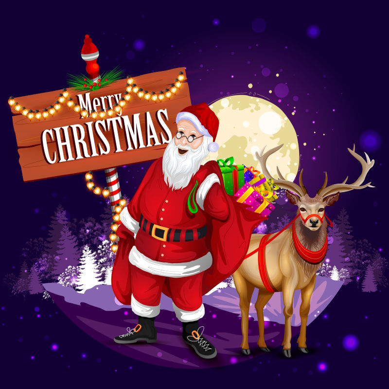 圣诞老人和麋鹿的海报设计矢量插图