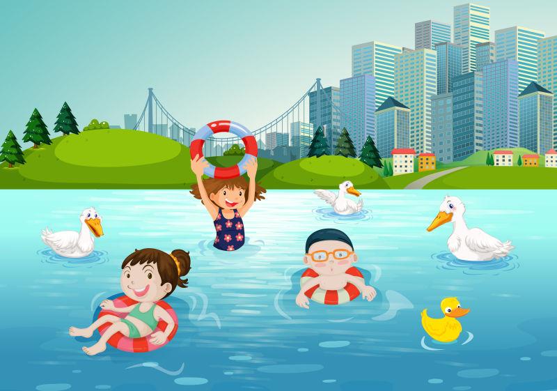 湖中儿童游泳矢量插图