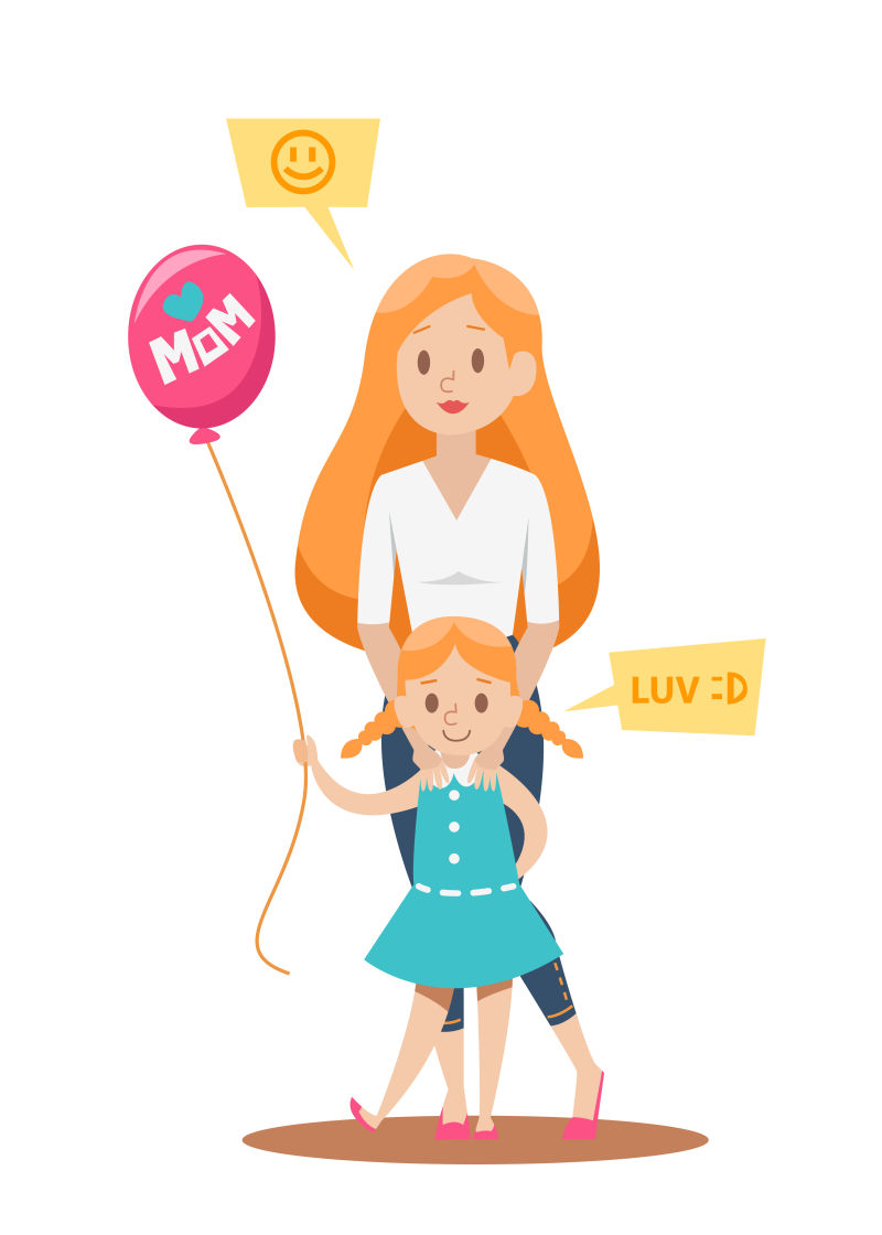 年轻母亲和小女孩矢量插图