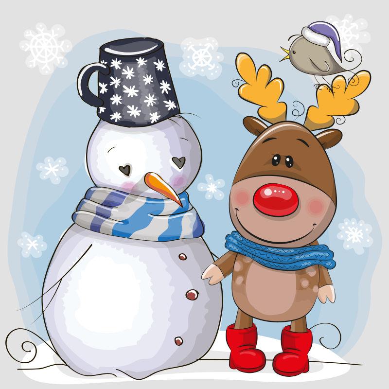 可爱的圣诞鹿和雪人矢量图