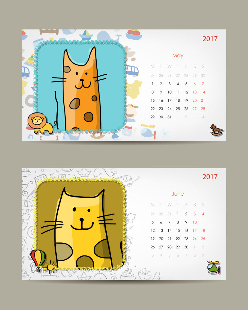 矢量设计可爱卡通猫咪日历