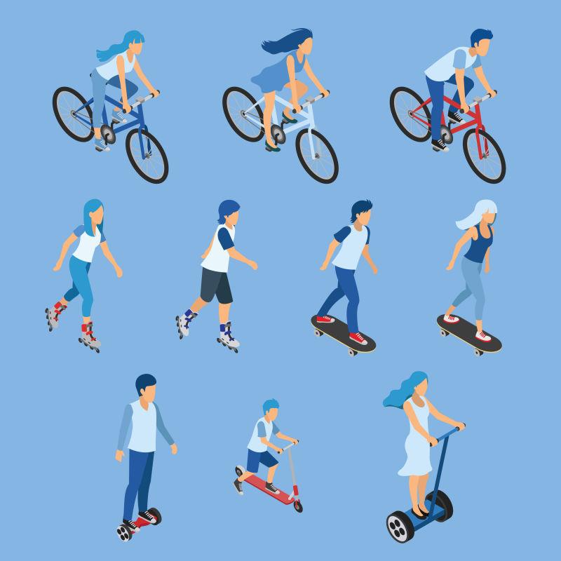 女孩和小孩骑自行车或者滑板的等距平面设计矢量