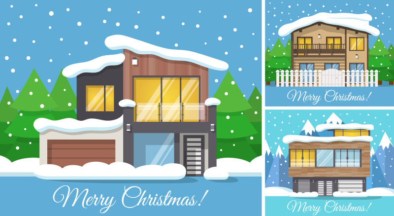 矢量现代冬季家庭住宅海报或贺卡圣诞