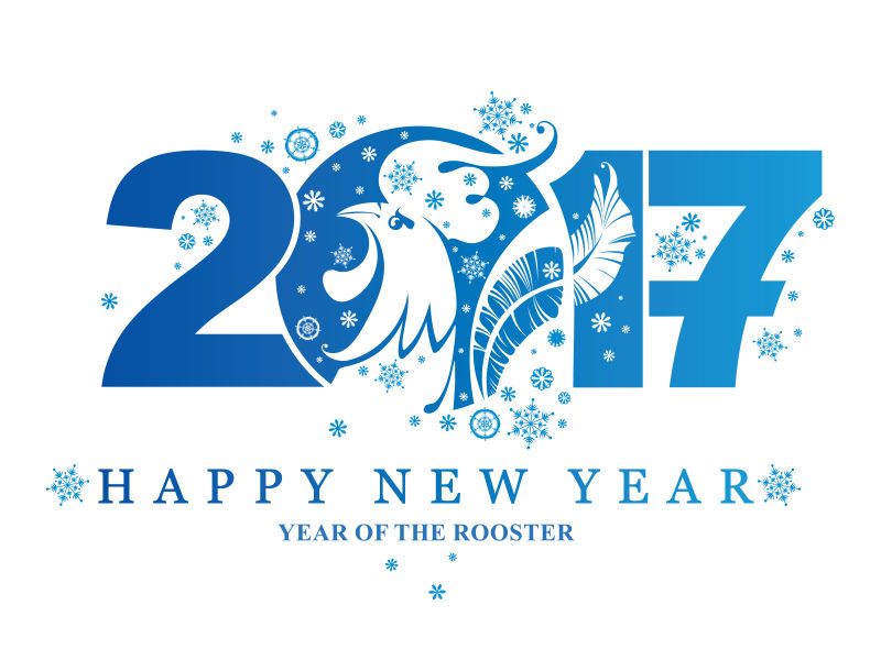 矢量公鸡元素的蓝色新年快乐插图