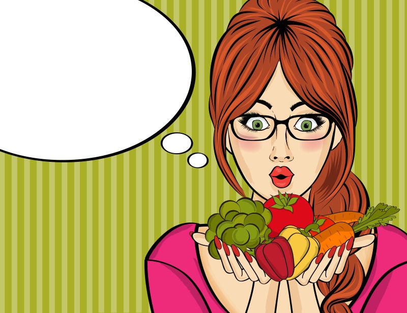 带有对话框的拿着蔬菜的红发卡通美女矢量