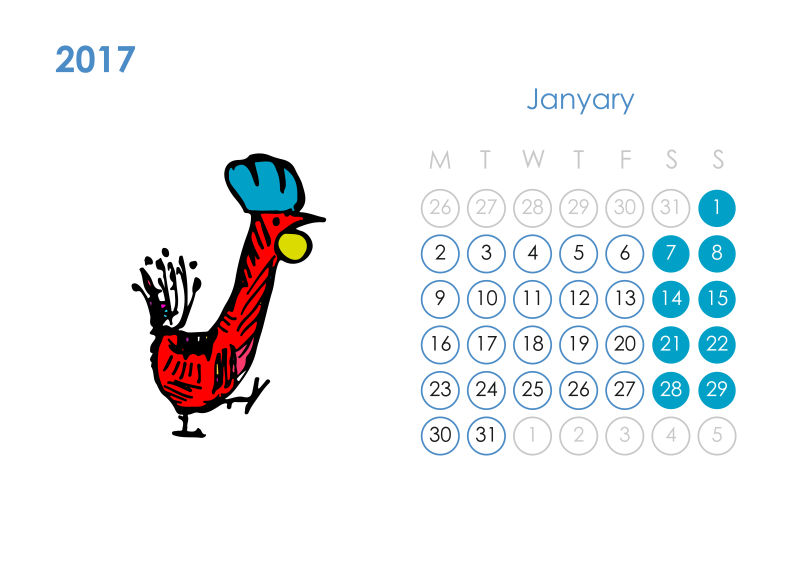 矢量公鸡2017年日历一月设计