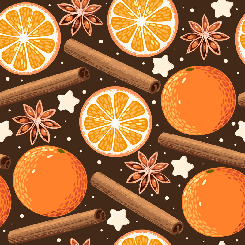 矢量橙色的橙子和八角肉桂等香料