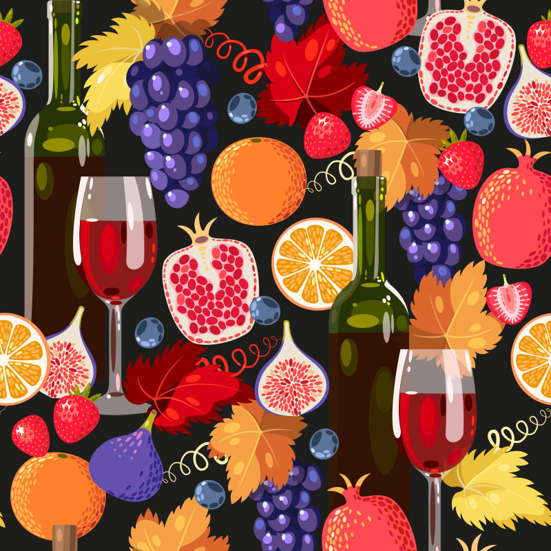 矢量切开的水果和葡萄酒