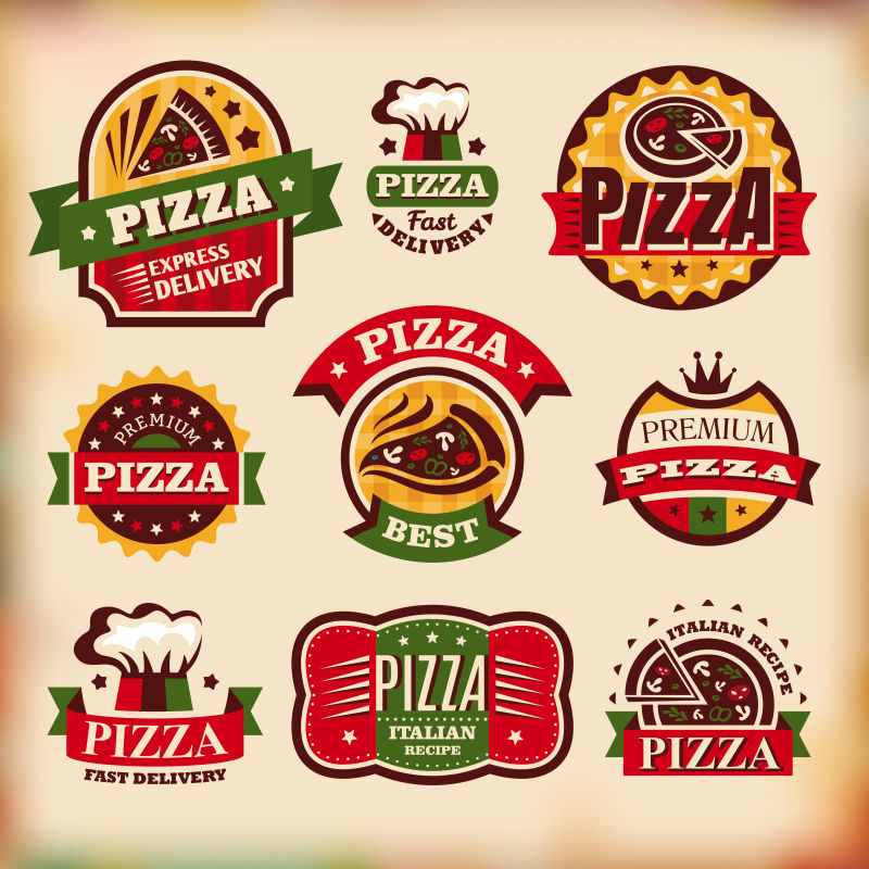 抽象矢量复古披萨标签平面设计