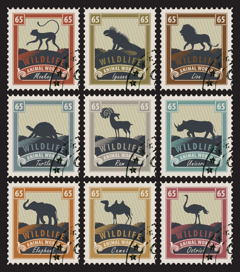 矢量以野生动物为主题的老式邮票