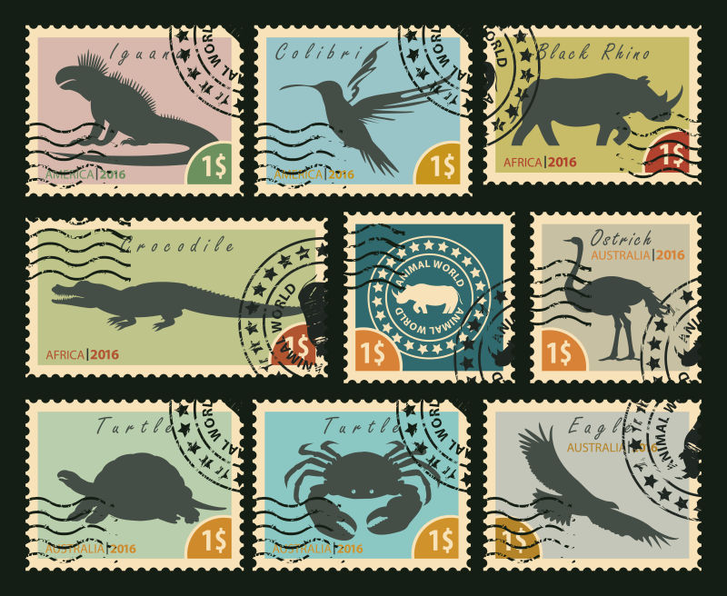 矢量以一套鸟类和野生动物为主题的老式邮票