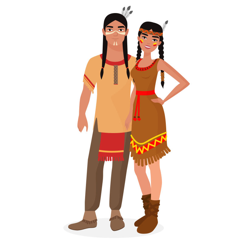 矢量美洲印第安人男女穿着传统服装