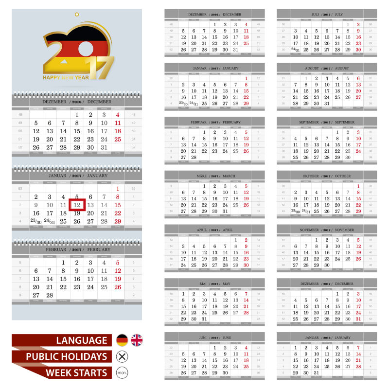 矢量2017德语和英语日历设计