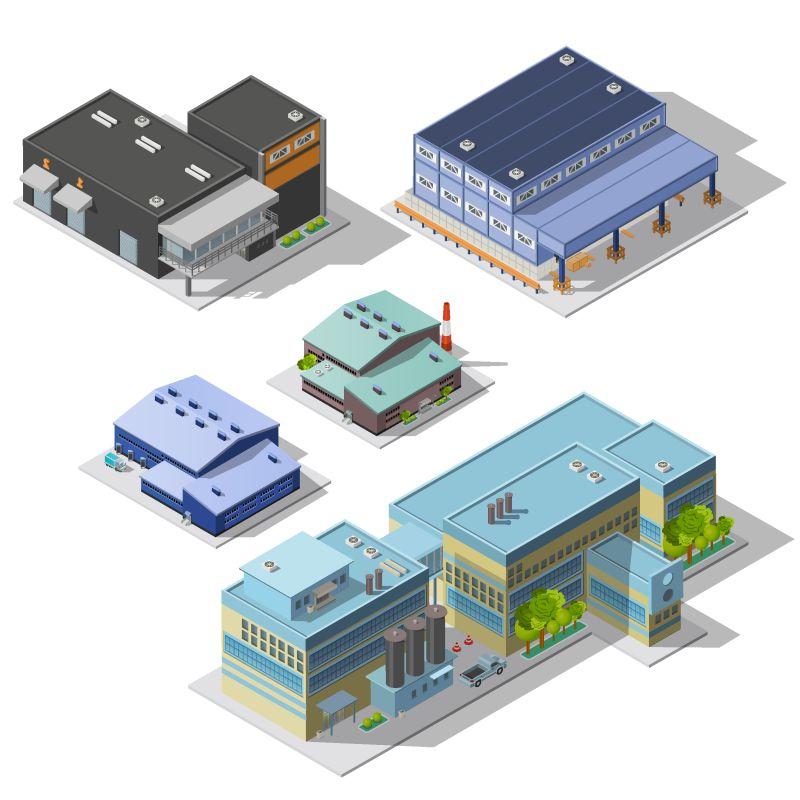 矢量等距办公建筑工厂