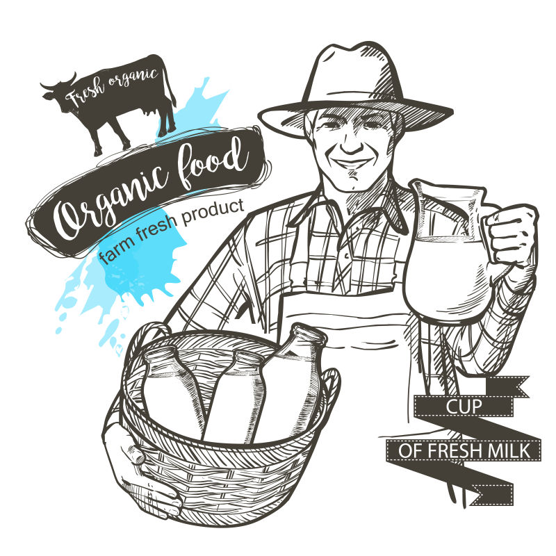怀里抱着一篮牛奶的农民矢量插图