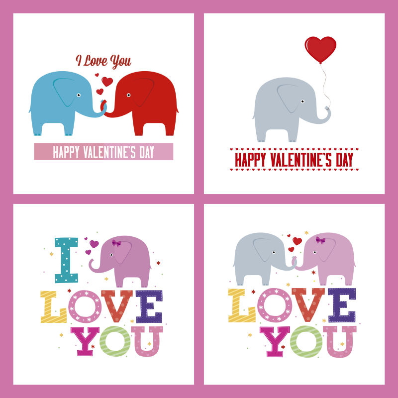 情人节的彩色背景文字和大象卡片