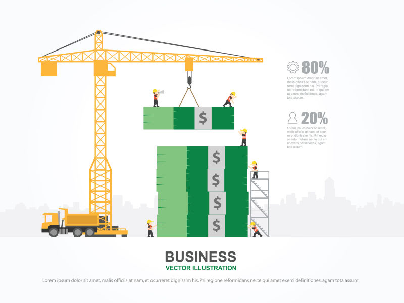 带有起重机和货币构建的信息图表矢量设计