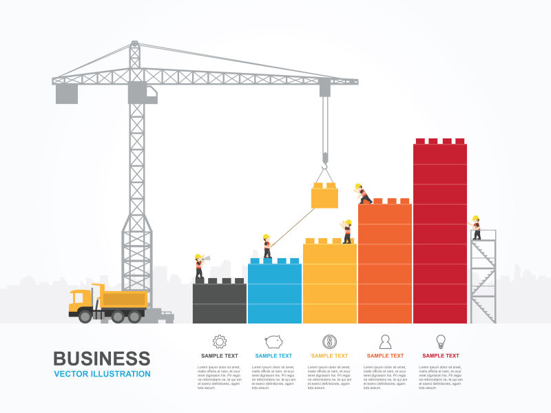 带有起重机和积木的信息图表矢量插图