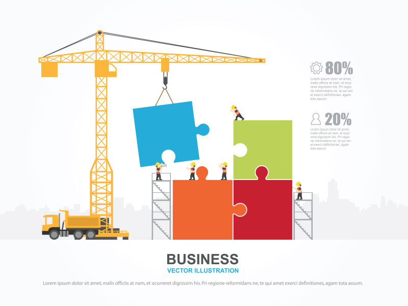 带有起重机和团队构建的信息图表矢量插图