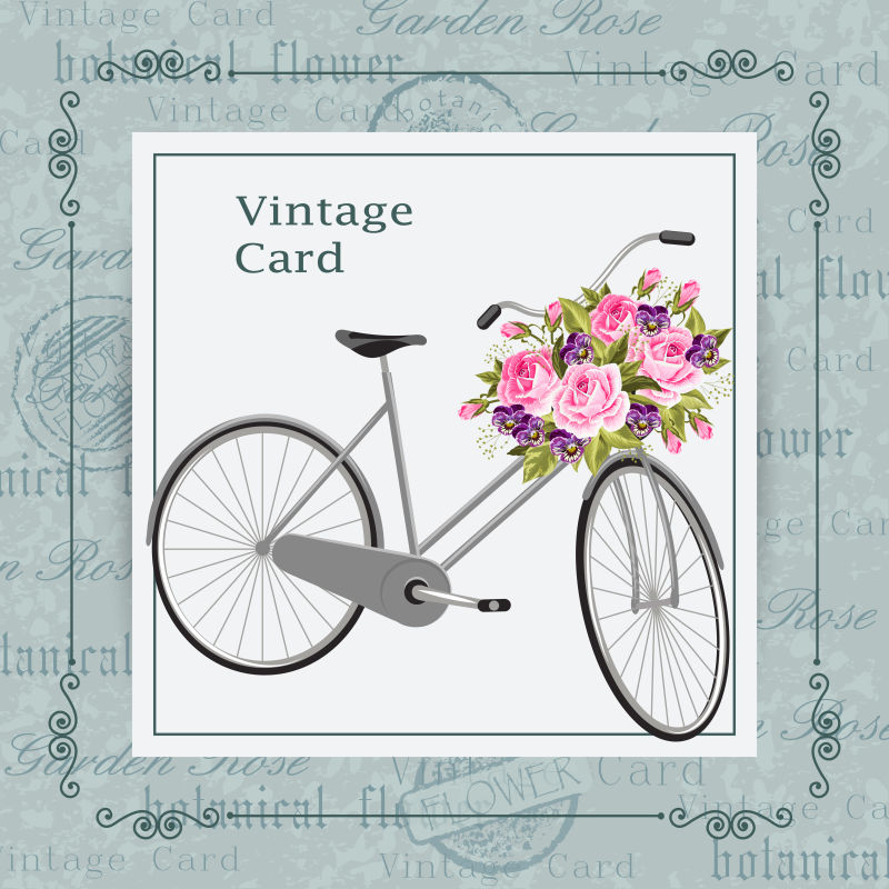 矢量老式明信片背景装满鲜花的自行车