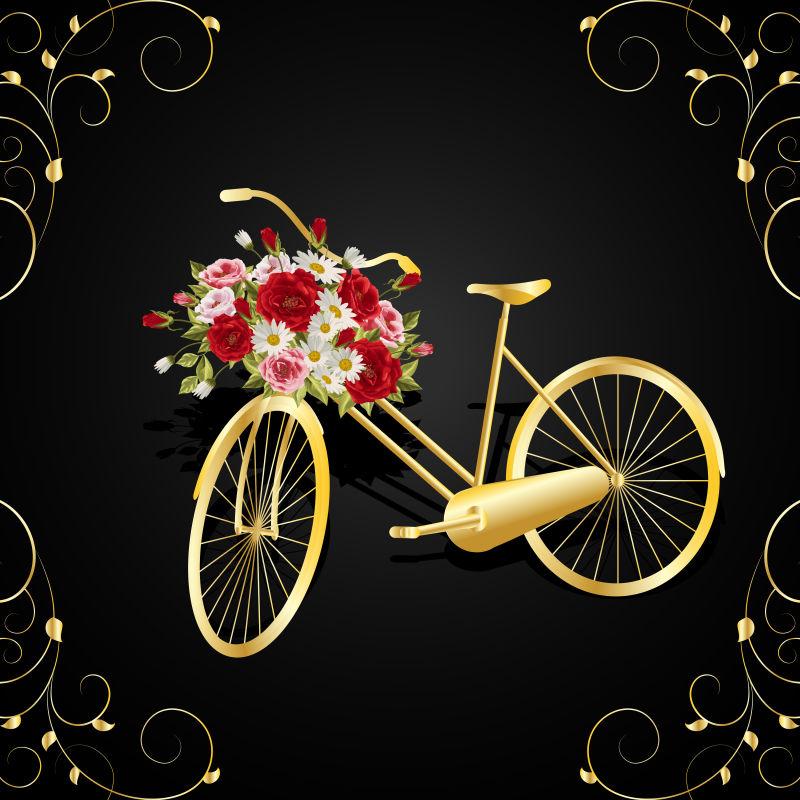 矢量一个装满鲜花的自行车的黄金模型